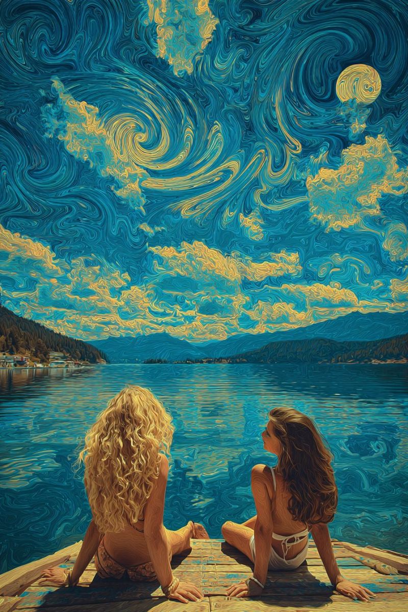 Eau lac ciel nuages lune nuit etoiles montagnes arbres reflet vagues Deux femmes sont assises sur un quai en bois au bord d'un lac serein, le dos tourné vers le spectateur. La femme à gauche a des cheveux blonds bouclés, tandis que la femme à droite a de longs cheveux noirs. Elles portent toutes les deux des maillots de bain blancs. Le lac est calme, reflétant le ciel, peint en bleus et jaunes tourbillonnants, créant un effet rêveur, presque surréaliste. Au loin, des montagnes et une petite ville sont visibles, avec une lune jaune brillante suspendue dans le ciel.