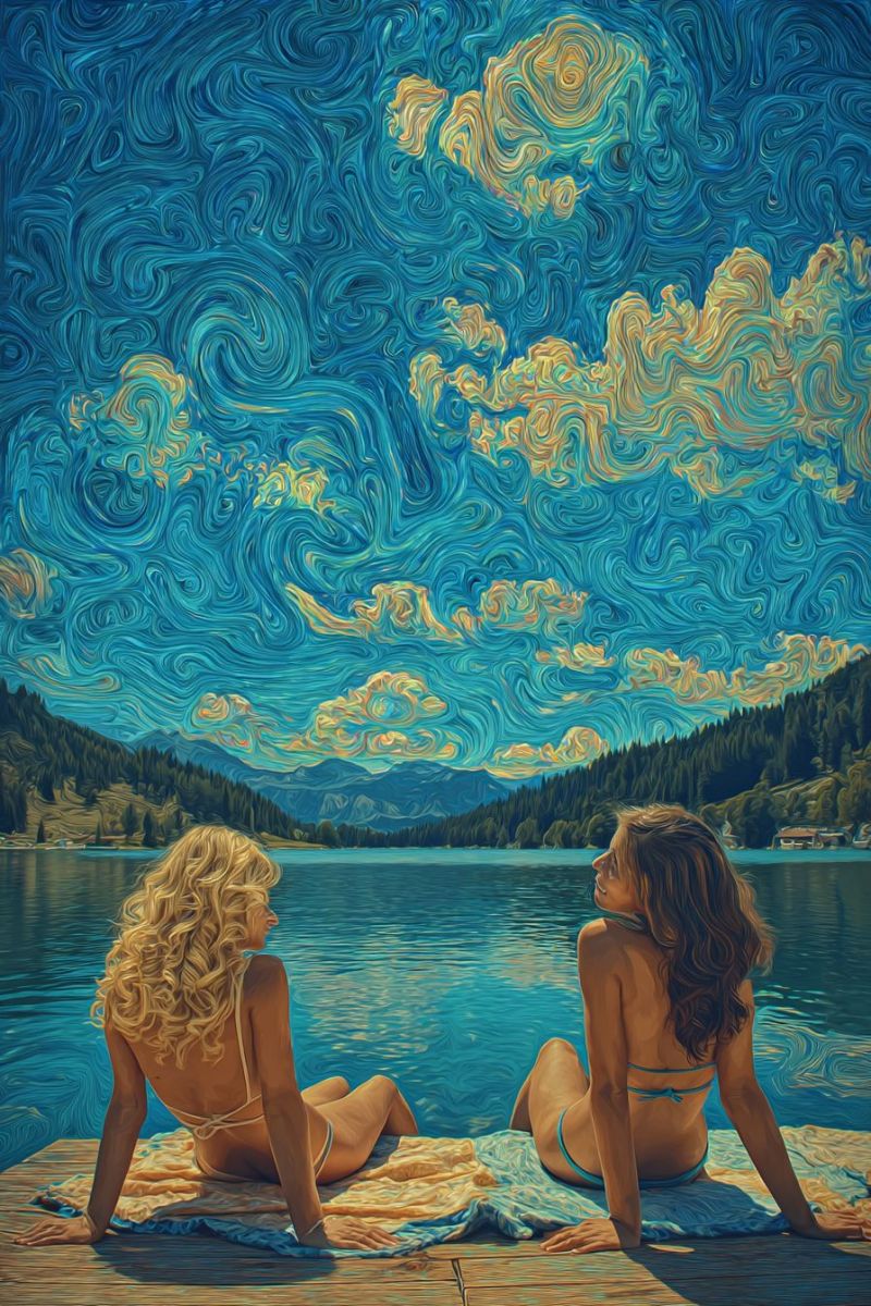 Painting lake mountain water sky cloud girl woman beach sun sunset evening clouds mood atmosphere scenery Two women are sitting on a wooden dock by a lake, facing each other. The woman on the left has blonde curly hair and is wearing a white bikini, while the woman on the right has long dark hair and is wearing a blue bikini. They are both looking at the sky, which is painted with swirling blue and yellow clouds. In the background, there are mountains and a house, and the sky transitions into a starry night.
