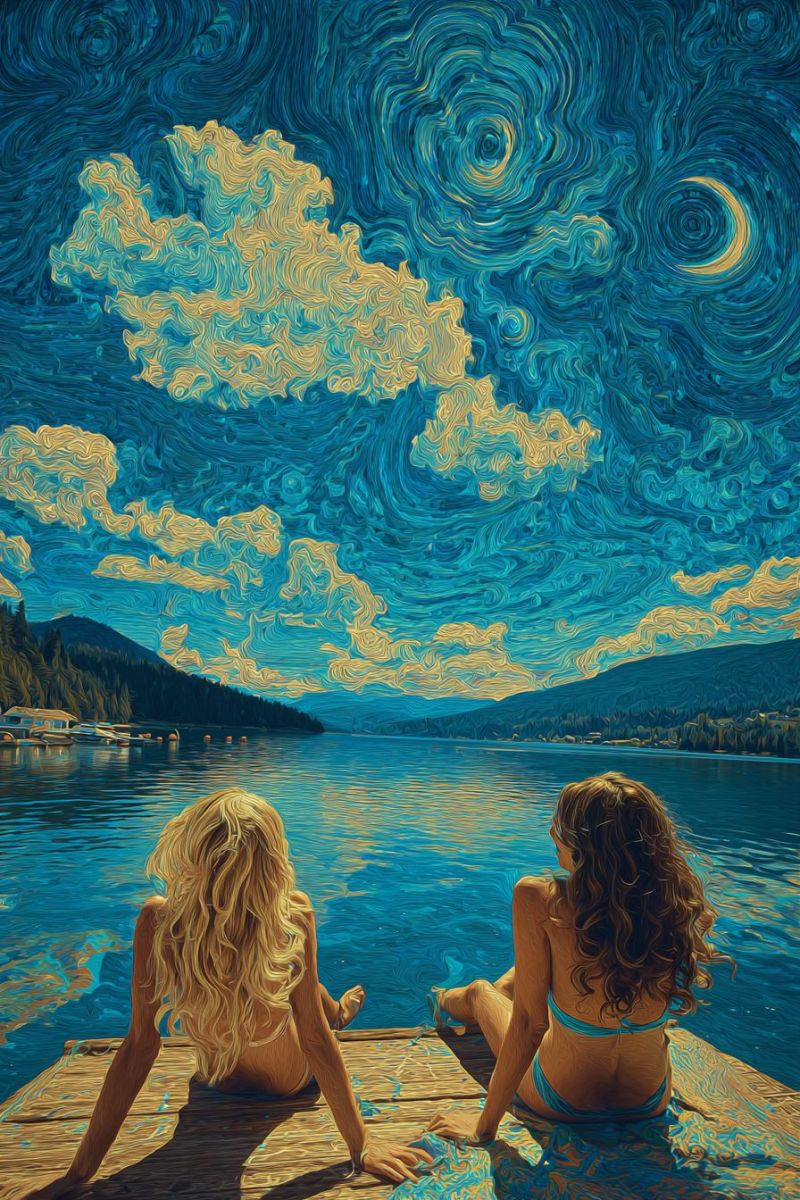 Lake mountains water clouds stars moon painting reflection dock women swimsuit boat trees evening nature night sky Two women sit on a wooden dock by a lake, their backs to the viewer. The woman on the left has long, wavy blonde hair and wears a blue bikini, while the woman on the right has curly dark hair and wears a green bikini. They are gazing at the night sky, which is painted with swirling blues and yellows, resembling a starry night. The sky features a crescent moon and a few stars. In the background, there are mountains and a silhouette of trees, with the lake reflecting the sky's colors.