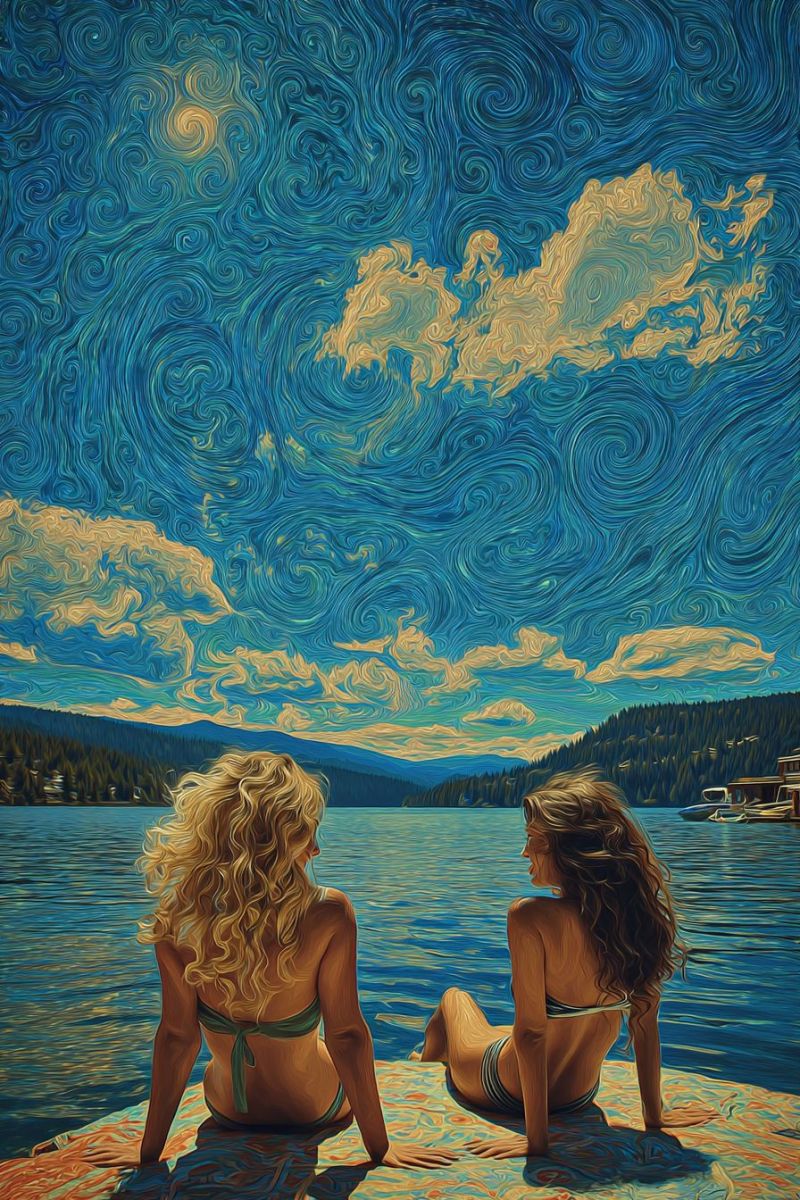 Lac eau ciel montagne nuage soleil reflexion nature journee chaleur Deux femmes sont assises sur un quai en bois au bord d'un lac serein, le dos tourné vers l'observateur. La femme sur la gauche a de longs cheveux blonds bouclés et porte un bikini vert, tandis que la femme sur la droite a de longs cheveux noirs ondulés et porte un bikini blanc et noir. Elles sont toutes les deux pieds nus. Le lac est calme, reflétant le ciel, qui est peint en bleus et jaunes tourbillonnants, rappelant une nuit étoilée. En arrière-plan, il y a des montagnes et un bateau au loin, ajoutant à l'ambiance tranquille.