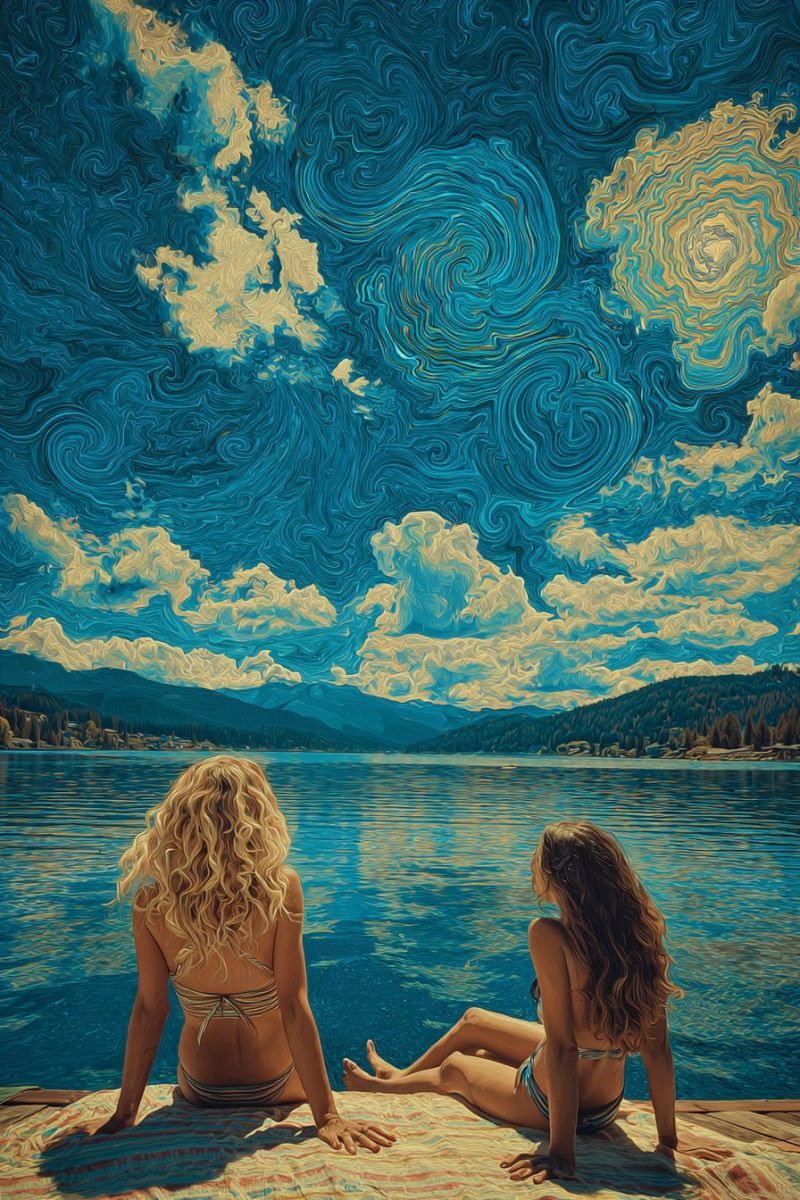 Painting lake water sky clouds mountains trees beach sun sunlight reflection waves shore sunset evening night stars nature Two women sit on a wooden dock by a serene lake, their backs turned to the viewer. The woman on the left has curly blonde hair and wears a striped bikini, while the woman on the right has long dark hair and a bikini. They sit on a colorful blanket, with the lake reflecting the sky above. The sky is a mix of deep blues and swirling patterns, resembling a starry night. In the distance, mountains and trees are visible, creating a peaceful and picturesque scene.