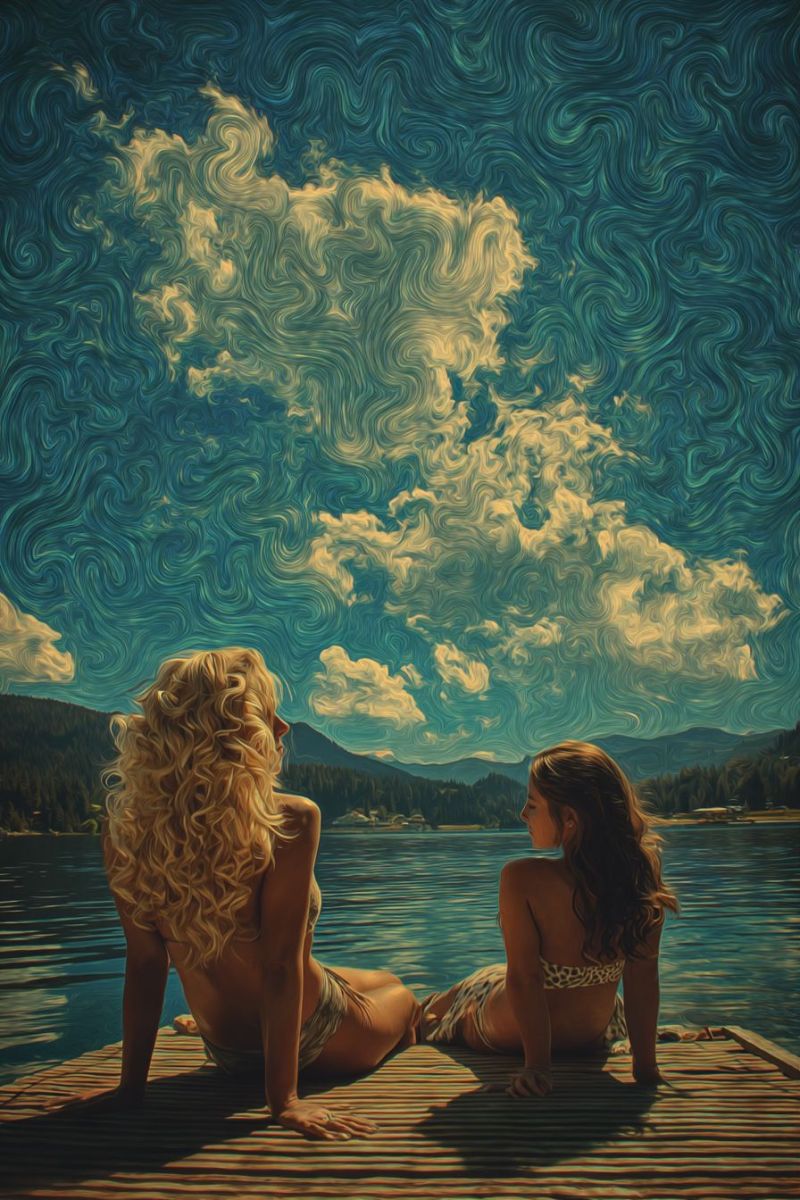 Lac eau ciel nuages montagnes arbres femmes bikini assise soleil reflet nature air bois quai dos boucles Deux femmes sont assises sur un quai en bois au bord d'un lac serein, le dos tourné vers l'observateur. La femme sur la gauche a de longs cheveux blonds bouclés et porte un bikini, tandis que la femme sur la droite a de longs cheveux noirs ondulés et porte également un bikini. Elles regardent toutes les deux le ciel, qui présente un motif abstrait tourbillonnant de teintes bleues et jaunes. En arrière-plan, il y a des montagnes et un ciel bleu clair avec des nuages éparpillés. L'eau est calme, reflétant les couleurs du ciel.