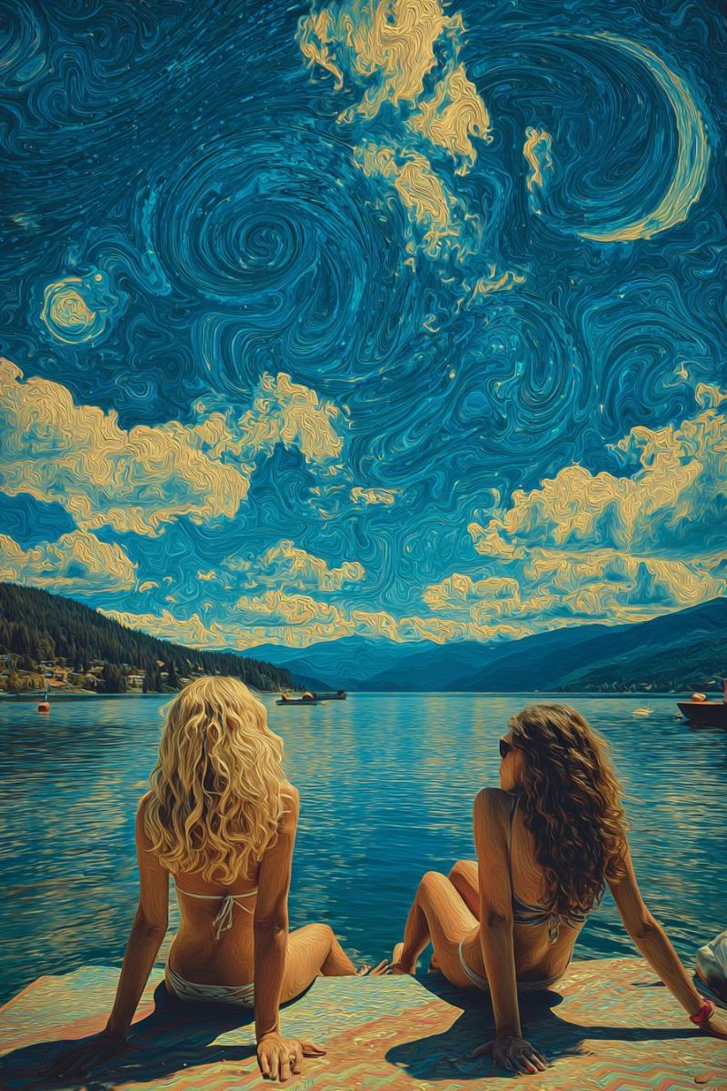 Painting lake water sky mountain boat cloud girl sun sunlight reflection sunrise sunset evening night star starry Two women sit on a wooden dock by a lake, their backs to the viewer. The woman on the left has blonde hair tied in a ponytail, while the woman on the right has long, curly hair. They both wear bikinis. The lake is calm, reflecting the sky and clouds. In the distance, a boat floats on the water. The sky is a mix of blue and yellow, with swirling patterns that resemble a starry night. Mountains and trees are visible in the background.