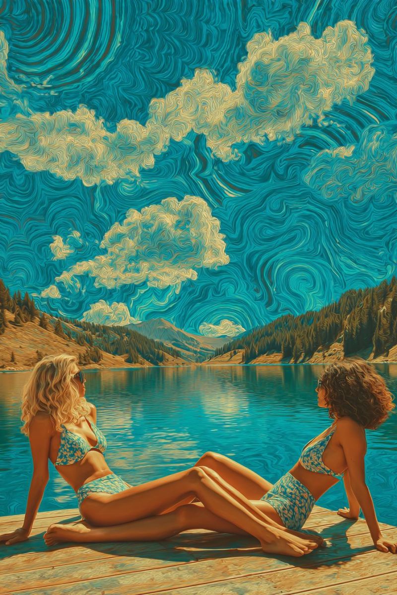 Lake water sky mountain cloud sun sunlight sunny sunrise sunset reflection nature outdoor vacation travel summer bikini woman friendship Two women sit on a wooden dock by a serene lake, their legs crossed and feet dangling over the edge. They wear matching floral swimsuits and sunglasses. The lake is calm, reflecting the sky and clouds. Behind them, a hilly landscape with trees and mountains stretches into the distance. The sky above is a swirling mix of blue and yellow, creating a dreamy, abstract effect.