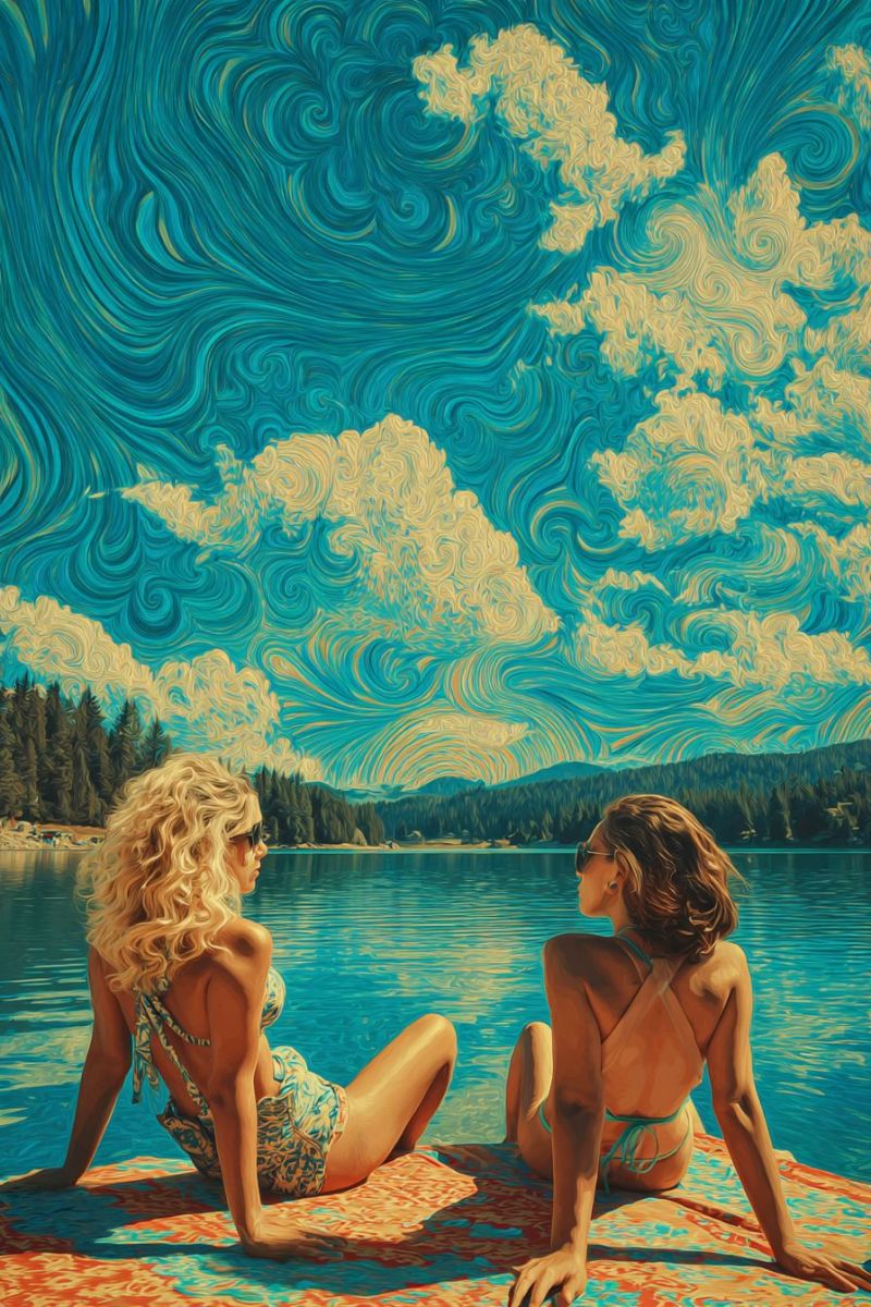 Lac eau ciel nuages montagnes arbres plage soleil reflet vagues rivage sable ocean mer ile bateau canoe kayak Deux femmes sont assises sur un tapis coloré au bord d'un lac, face à face. La femme à gauche a les cheveux blonds et porte un maillot de bain fleuri, tandis que la femme à droite a les cheveux bruns et porte un maillot de bain vert. Elles portent toutes les deux des lunettes de soleil et regardent vers le ciel. Le ciel est peint de nuages tourbillonnants bleus et jaunes, créant un effet rêveur et surréaliste. En arrière-plan, il y a des arbres et des montagnes, ajoutant à l'ambiance sereine et pittoresque.