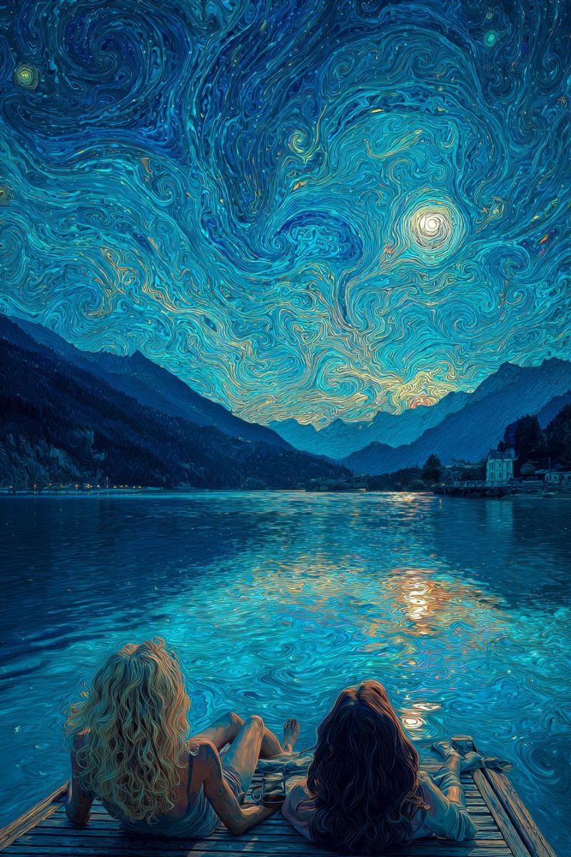 Mountains lake water reflection painting night moon clouds trees house boat dock women sitting relaxing sky starry Two women sit on a wooden dock by a calm lake under a night sky filled with swirling patterns of blue, yellow, and white. The sky features a bright moon and stars, with a distant mountain range and a small house visible on the shore. The water reflects the sky's colors, creating a serene and magical atmosphere.