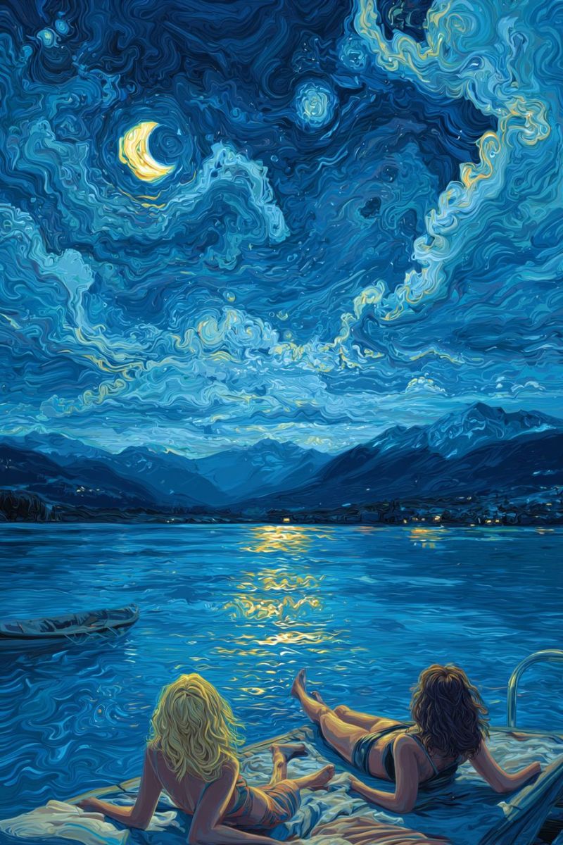 Nuit ciel lune etoiles lac eau bateau montagnes nuages reflet soir nature Deux femmes sont allongées sur un quai la nuit, profitant de la vue sereine d'un lac sous un ciel étoilé. Le ciel est peint de bleus profonds et de motifs tourbillonnants, avec un croissant de lune et des étoiles visibles. L'eau reflète la lumière de la lune, créant un effet scintillant. Au loin, les montagnes sont en silhouette contre le ciel nocturne. Un petit bateau est ancré près du quai. La scène est paisible et tranquille, avec la douce lueur de la lune et des étoiles illuminant la nuit.