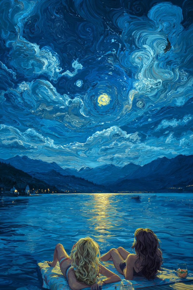 Etoiles lune nuages eau lac montagnes bateau reflet nuit ciel soir obscurite bleu jaune Deux femmes sont allongées sur un petit radeau au milieu d'un lac calme sous un ciel nocturne étoilé. La femme sur la gauche a les cheveux blonds et porte un bikini, tandis que la femme sur la droite a de longs cheveux noirs et porte un maillot de bain noir. Elles regardent toutes les deux le ciel, qui est rempli de nuages tourbillonnants et d'une lune brillante. Au loin, il y a des montagnes et une petite ville avec des lumières allumées. L'eau reflète la lumière de la lune et les étoiles, créant une atmosphère paisible et sereine.