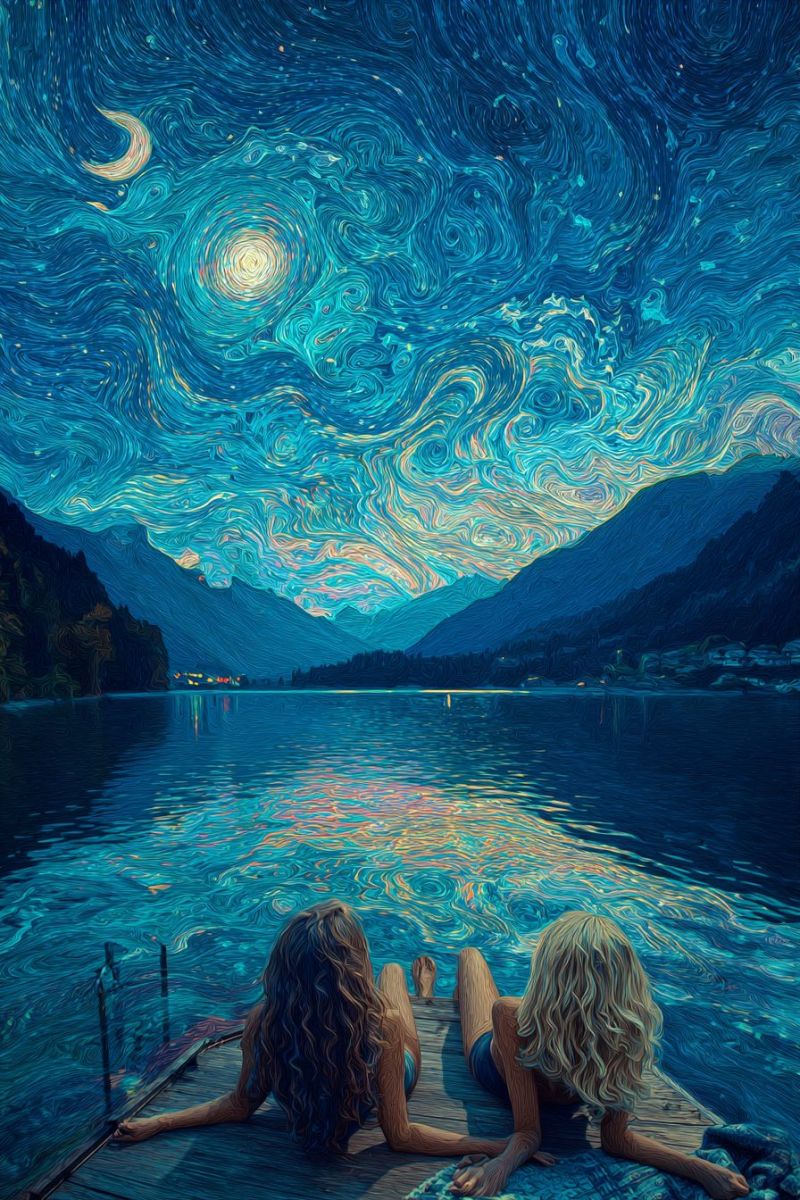 Etoiles lac montagnes eau reflet bateau femmes detendre nuit lune nuages ciel boucles Deux femmes sont allongées sur un quai en bois au bord d'un lac, contemplant le ciel nocturne. Le ciel est peint de bleus et de jaunes tourbillonnants, ressemblant à une nuit étoilée. Un croissant de lune et une étoile brillante sont visibles. Le lac reflète les couleurs du ciel, créant une atmosphère sereine et magique. Au loin, les montagnes sont en silhouette contre le ciel nocturne, et une petite ville est faiblement visible.