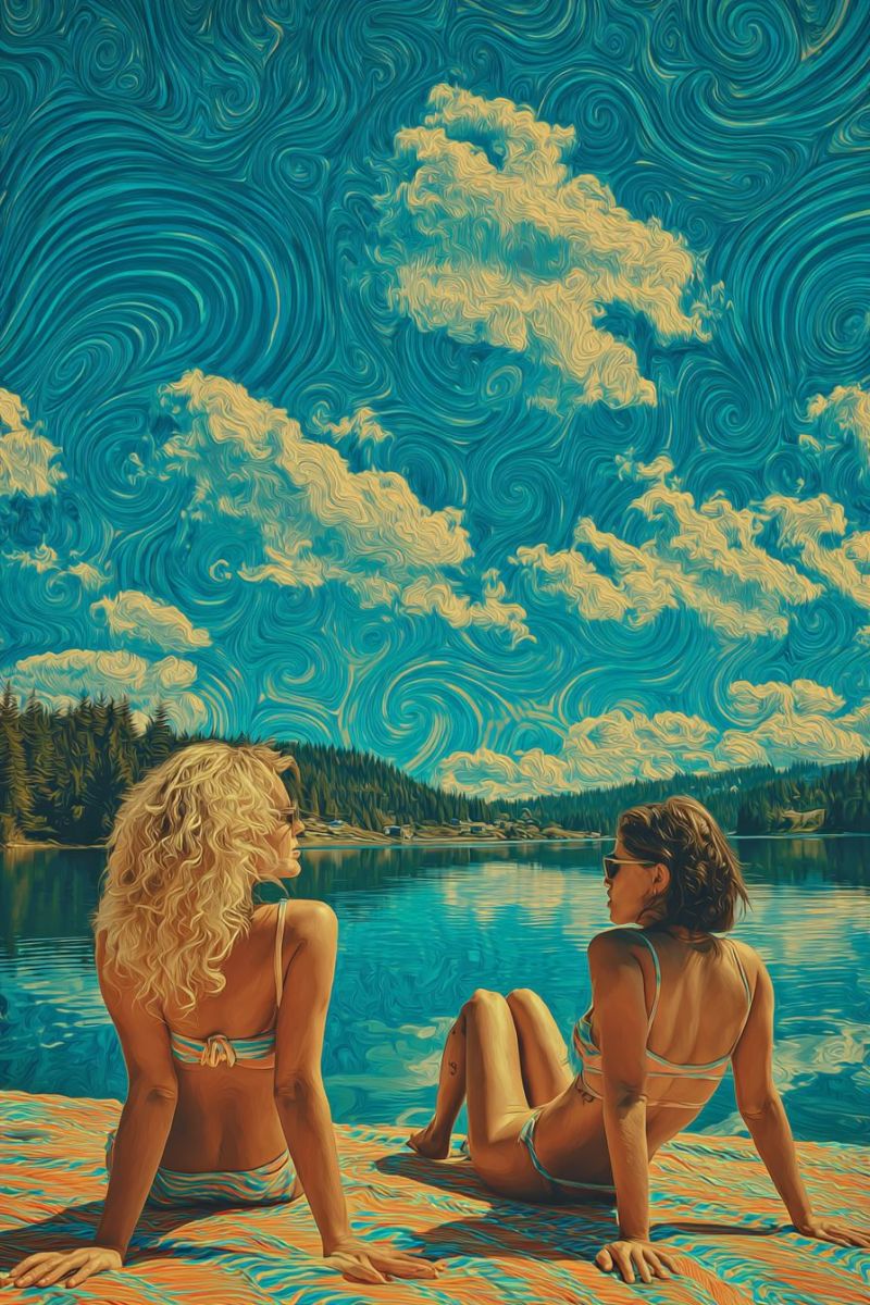 Lac eau ciel nuages arbres montagnes plage soleil reflet vagues rivage sable ocean Deux femmes sont assises sur un quai en bois au bord d'un lac. La femme sur la gauche a des cheveux blonds bouclés et porte un bikini blanc et bleu. Elle regarde vers la droite. La femme sur la droite a les cheveux foncés et porte un bikini blanc. Elle regarde la femme sur la gauche. Le lac est calme, et le ciel est bleu avec des nuages tourbillonnants. Au loin, il y a des arbres et des montagnes.