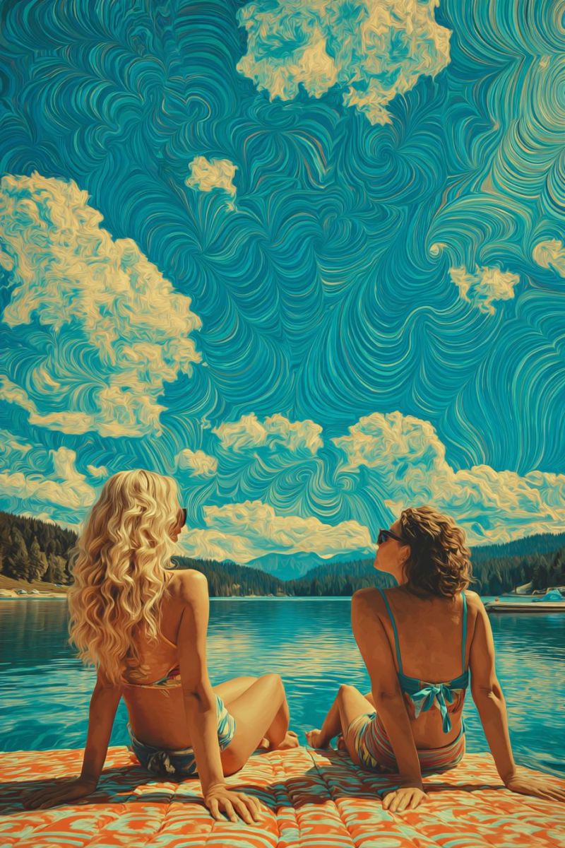 Lac eau ciel nuages montagnes arbres femmes maillots bain lunettes soleil plage vacances detente nature Deux femmes sont assises sur une plateforme flottante sur un lac serein, le dos tourné vers le spectateur. La femme sur la gauche a de longs cheveux blonds bouclés et porte un bikini avec un motif coloré. La femme sur la droite a des cheveux bruns courts et bouclés et porte un bikini avec un noeud bleu. Elles portent toutes les deux des lunettes de soleil et regardent le ciel, qui présente un motif tourbillonnant de teintes bleues et jaunes. En arrière-plan, il y a des montagnes et des arbres, et le ciel est rempli de nuages flous