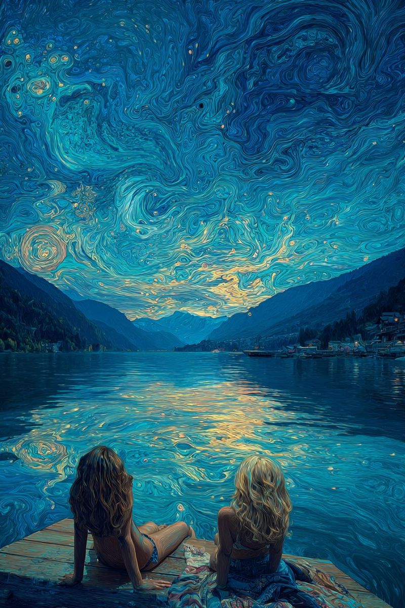 Lac montagnes etoiles eau reflet bateau arbres maison nuit ciel nuages coucher soleil soiree nature air Deux femmes sont assises sur un quai en bois au bord d'un lac serein sous un ciel nocturne rempli de motifs bleus et jaunes tourbillonnants. Le ciel ressemble à une galaxie, avec des étoiles et des nuages se mélangeant les uns aux autres. Le lac reflète les couleurs du ciel, créant un effet de miroir. Au loin, des montagnes s'élèvent et une petite ville est visible avec des lumières qui scintillent. L'eau est calme et le quai s'étend dans le lac.