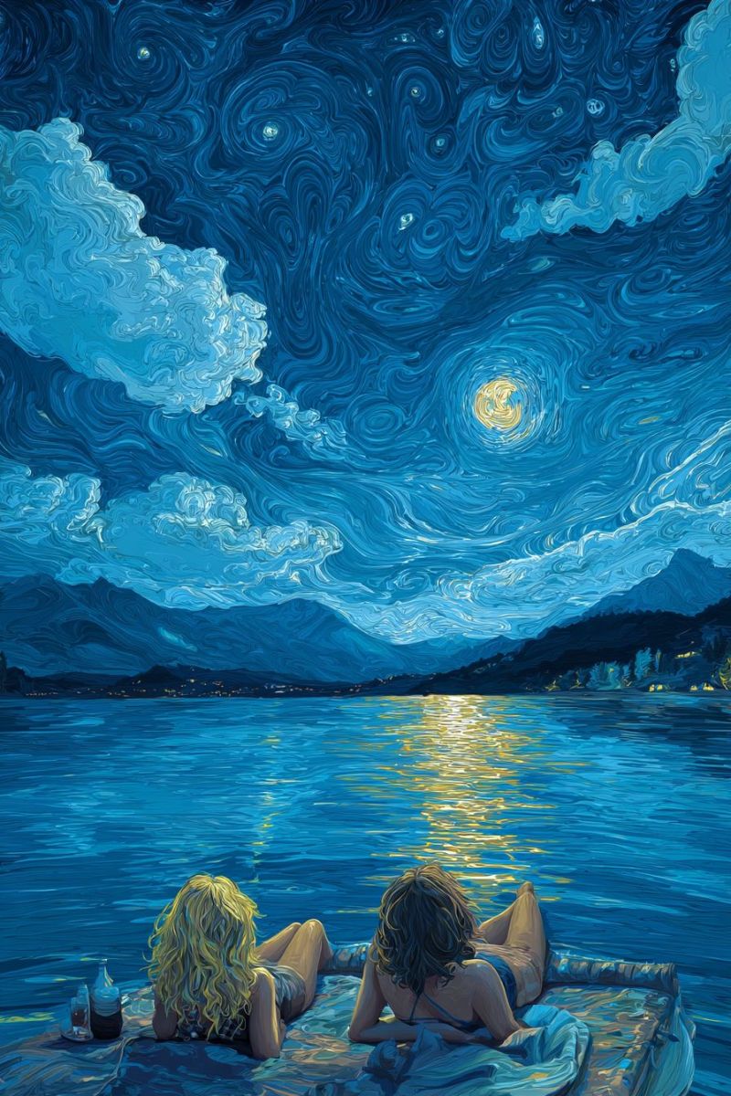 Night sky moon stars clouds water boat lake mountains reflection painting nighttime evening outdoors nature beauty Two women are lying on a small boat in the middle of a calm lake under a starry night sky. The sky is painted in deep blues and swirling patterns, with a bright moon and stars. The water reflects the moonlight, creating a shimmering effect. The women are dressed in swimwear and are relaxed, with one looking towards the sky and the other towards the water. There are two bottles and a glass on the boat, suggesting they might be enjoying a drink. In the distance, there are mountains and a silhouette of a town or village.
