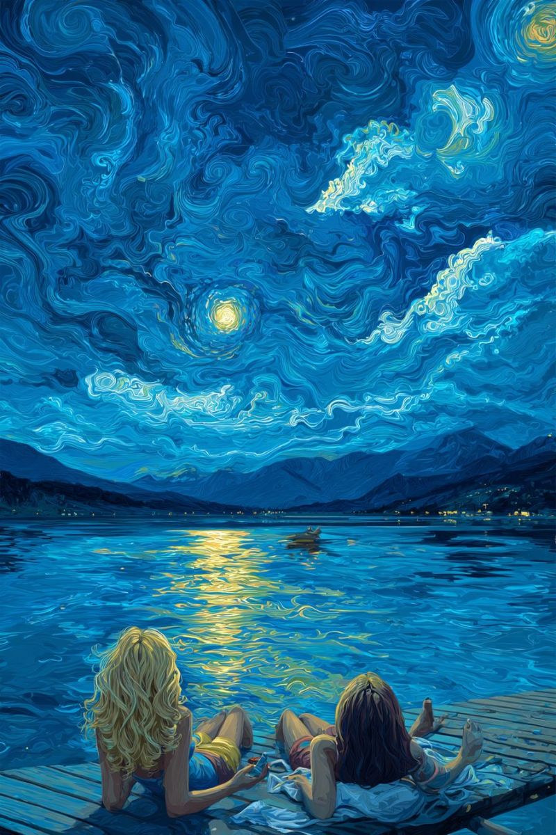 Painting night sky water moon stars clouds boat mountains lake reflection nature evening sunset horizon waves Two women are lying on a wooden dock by a lake under a starry night sky. The woman on the left has blonde hair and is looking towards the moonlit sky. The woman on the right has dark hair and is looking towards the water. The sky is painted in swirling blues and yellows, with a bright moon and stars. The water is calm and reflects the moonlight. In the distance, there are mountains and a small boat on the lake.