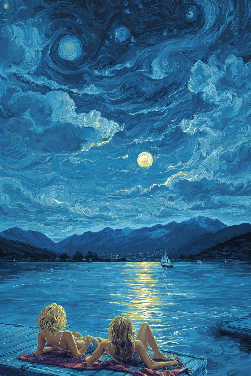 Painting night sky moon stars clouds water boat mountains lake reflection beauty nature outdoors The painting depicts a serene night scene with two women lying on a wooden dock by a lake. The sky is a deep blue with swirling patterns, and a bright full moon illuminates the scene. The water is calm, reflecting the moonlight and the sky. In the distance, there are mountains and a sailboat on the lake. The women are lying on a red blanket, facing each other, and appear to be enjoying the peaceful night.