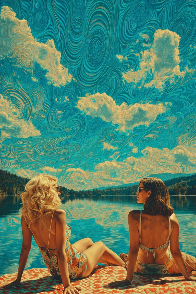 Painting lake water sky clouds mountains trees women sunglasses sitting relaxing summer vacation outdoors nature colorful back Two women sit on a red blanket on a lake, facing each other. The woman on the left has blonde hair and wears a floral swimsuit, while the woman on the right has dark hair and wears a blue swimsuit. They both wear sunglasses. The lake is calm, and the sky above is a swirling mix of blue and yellow, with clouds scattered throughout. In the distance, there are mountains and trees.
