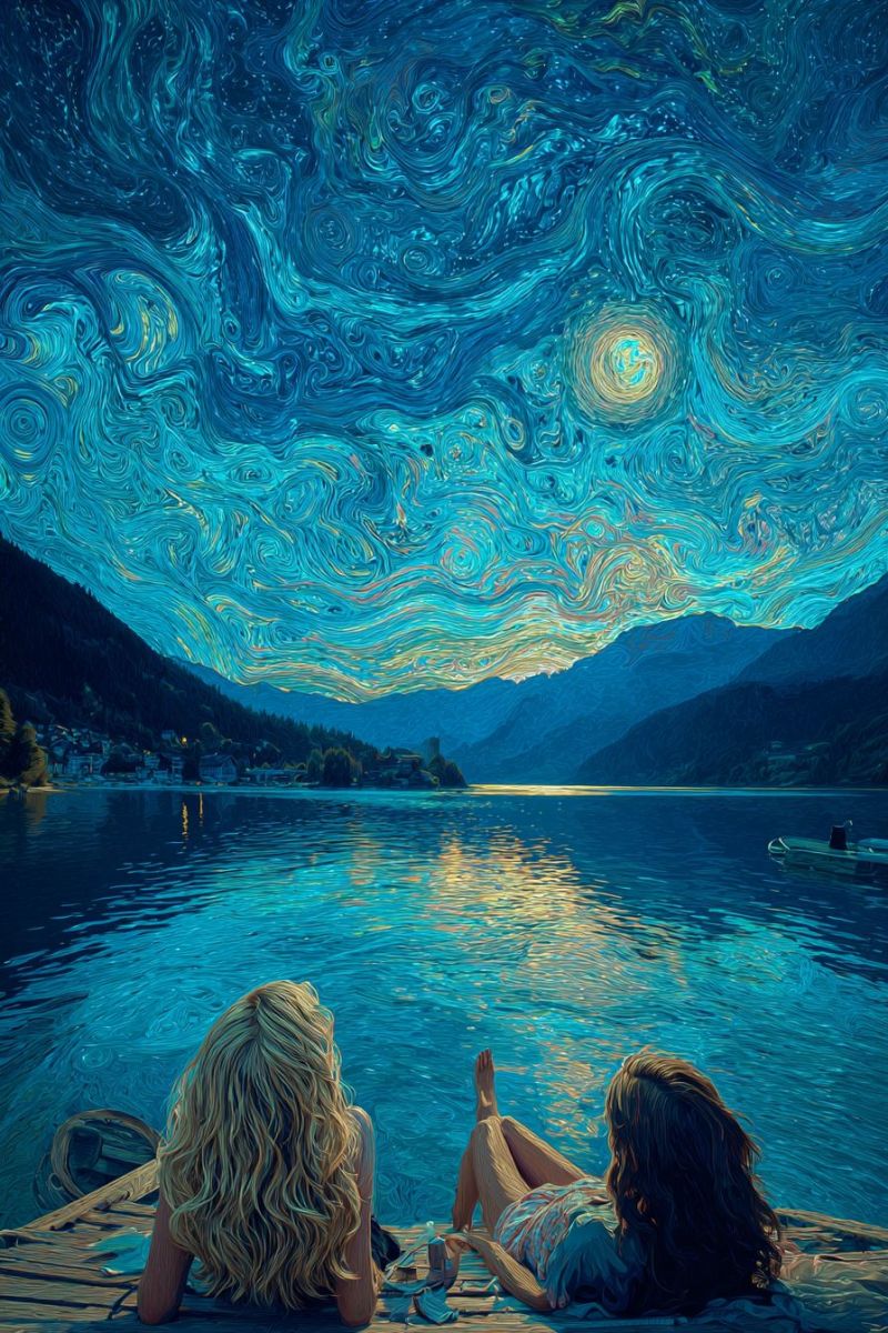 Starry painting lake mountains boat water reflection sitting evening night stars clouds trees houses sky two women wooden dock Two women are lying on a wooden dock by a lake under a night sky filled with swirling, colorful patterns. The sky is painted in deep blues and yellows, with stars and a bright moon. The lake is calm, reflecting the sky's colors. In the distance, mountains are silhouetted against the horizon. A small boat is anchored near the dock. The scene is peaceful and serene.