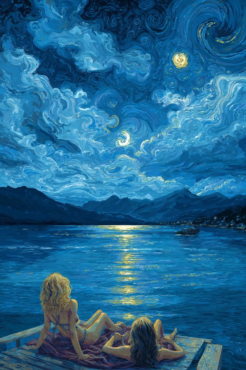 Nuit ciel lune etoiles eau lac montagnes bateau reflet nuages soiree coucher soleil horizon La peinture représente deux femmes allongées sur un quai en bois au bord d'un lac serein sous un ciel nocturne. Le ciel est d'un bleu profond avec des motifs tourbillonnants et une lune brillante au centre, avec un croissant de lune à proximité. Le lac est calme, reflétant la lumière de la lune et les montagnes lointaines. Les femmes sont détendues, l'une aux cheveux blonds et l'autre aux cheveux foncés, toutes deux portant des bikinis. Le quai s'étend dans l'eau, et des bâtiments et des arbres lointains sont visibles à l'horizon.