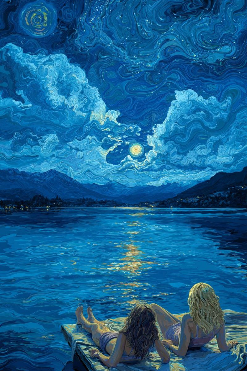 Night sky stars moon lake water reflection clouds mountains painting nighttime outdoors nature evening dark calm serene Two women are lying on a wooden dock in the middle of a calm lake under a starry night sky. The sky is painted with swirling blues and whites, and the moon is shining brightly, reflecting its light on the water. The women are facing each other, one with her head resting on her arm, and the other looking towards the moon. In the background, there are mountains and a silhouette of trees, with distant lights suggesting a town or village. The water is a deep blue, and the reflections of the stars and moon create a shimmering effect on the surface.