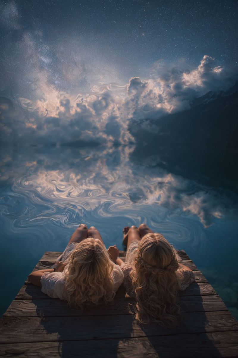 Night sky clouds water reflection stars lake dock women blond backlit outdoors nature evening sunset mountains Two women with long blonde hair are lying on a wooden dock, facing each other. Their feet are dangling over the edge of the dock into the water below. The water is calm and reflects the sky above, which is filled with stars and clouds. The sky has a gradient of colors, from dark blue to lighter shades, and the stars are scattered throughout. The women's hair is blowing gently in the breeze, and their shadows are cast on the dock.