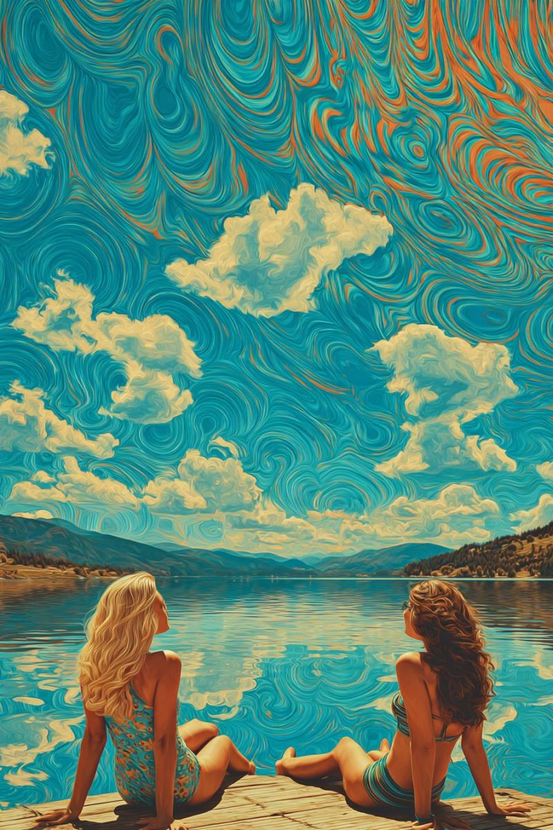Lac eau ciel nuages montagnes arbres reflet soleil vagues ondulations Deux femmes sont assises sur un quai en bois au bord d'un lac serein. La femme sur la gauche a de longs cheveux blonds et porte un maillot de bain bleu, tandis que la femme sur la droite a des cheveux bruns bouclés et porte un maillot de bain rayé vert et blanc. Elles regardent toutes les deux vers le ciel, qui présente des motifs tourbillonnants bleus et orange. Le ciel est rempli de nuages blancs et flous, et au loin, il y a des montagnes et un ciel bleu clair. L'eau reflète les couleurs du ciel, créant une scène paisible et pittoresque.