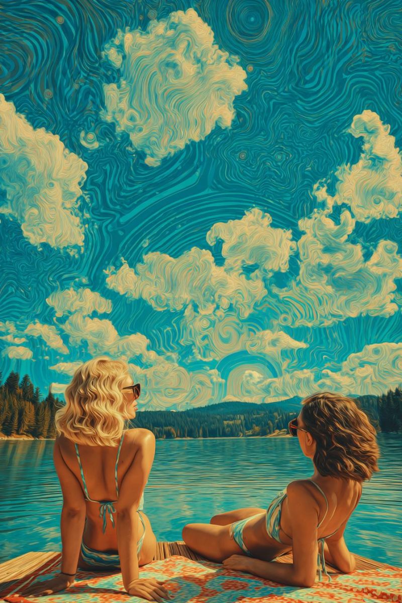 Painting lake water sky clouds mountains trees women sunglasses bikini relaxing summer outdoors nature colorful Two women are sitting on a wooden dock by a lake, facing away from the viewer. They are both wearing bikinis and sunglasses. The woman on the left has blonde hair and is sitting with her legs crossed. The woman on the right has dark hair and is lying on her stomach. The sky above them is painted in swirling blues and yellows, with clouds scattered throughout. In the distance, there are trees and mountains.