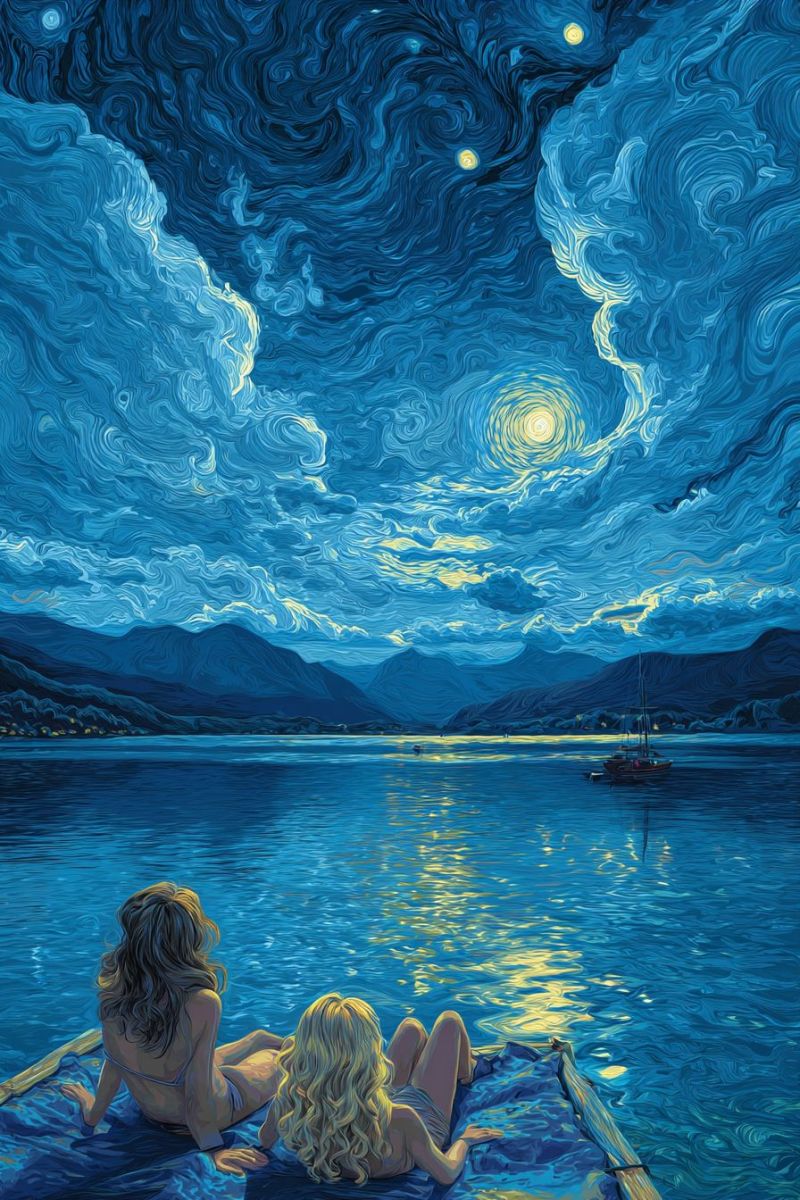 Nuit ciel etoiles lune lac bateau montagnes eau reflet nuages La peinture représente une scène de nuit sereine avec un grand plan d'eau, peut-être un lac ou une mer, sous un ciel étoilé. Deux femmes sont allongées sur un petit bateau, face à l'eau. Une femme aux cheveux sombres regarde vers le ciel, tandis que l'autre femme aux cheveux blonds regarde vers l'eau. Le ciel est rempli de nuages tourbillonnants et d'étoiles, avec une lune brillante illuminant la scène. Au loin, il y a des silhouettes de montagnes et un petit bateau naviguant sur l'eau. L'eau reflète la lumière de la lune et des étoiles, créant une atmosphère paisible et tranquille.