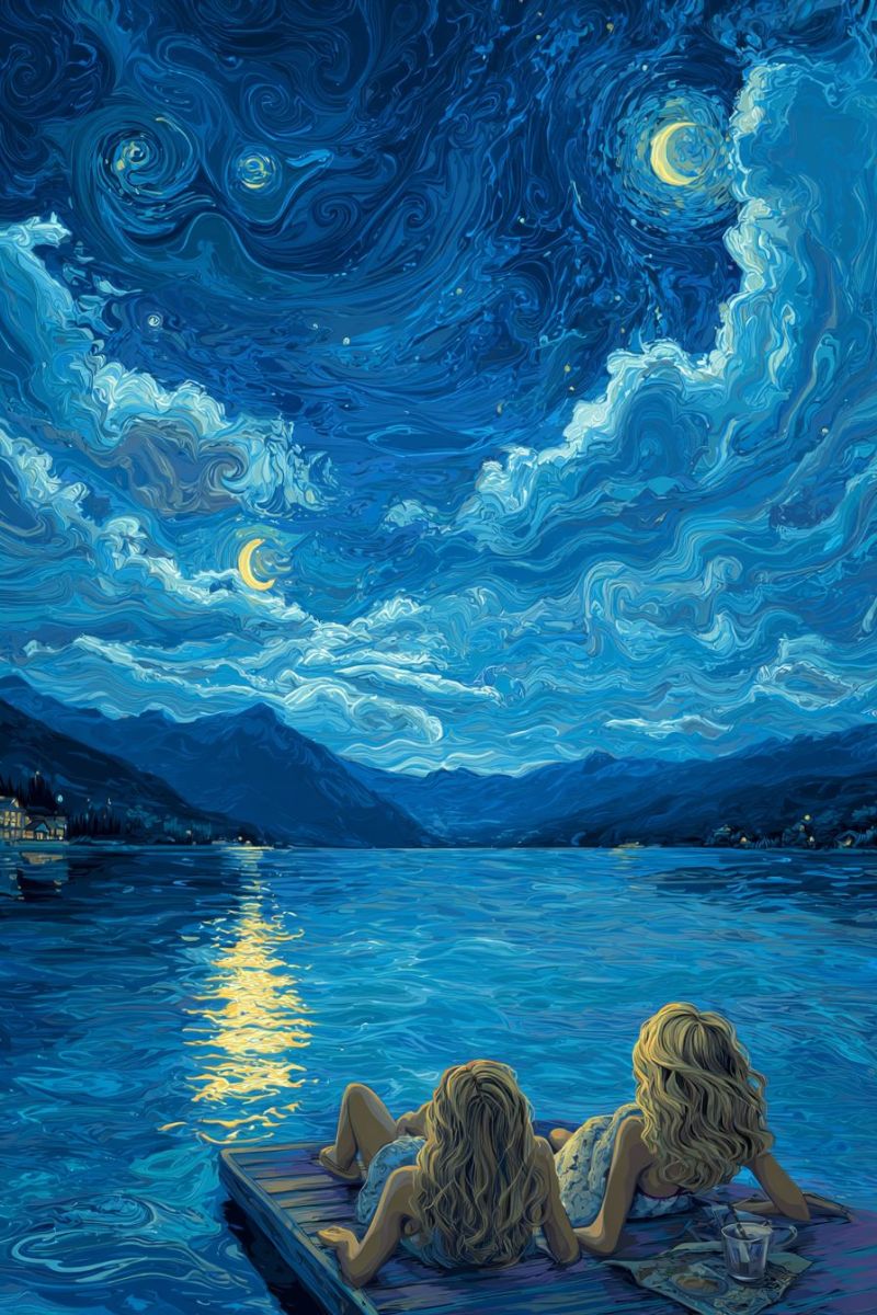 Painting lake mountains stars moon clouds water reflection dock boat night evening outdoors nature sky Two women lie on a wooden dock by a lake under a night sky. The sky is painted with swirling blues and whites, and two crescent moons are visible. The water reflects the moonlight, creating a shimmering effect. The women are relaxed, with one looking towards the sky and the other towards the water. A cup and a blanket are on the dock beside them. In the distance, mountains and a small town are visible.