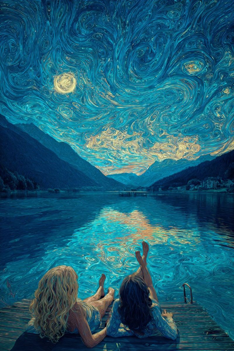 Lac montagnes eau reflet lune nuages nuit etoiles ciel aquarelle etoilee Deux femmes sont allongées sur un quai en bois au bord d'un lac serein, contemplant un ciel nocturne rempli de motifs abstraits tourbillonnants de bleu et d'or. Le ciel est dominé par une grande lune lumineuse entourée d'étoiles. Le lac reflète les couleurs du ciel, créant un effet de miroir. Au loin, les montagnes sont en silhouette contre le ciel nocturne, et un bâtiment distant est faiblement visible. La scène est paisible et onirique, les femmes paraissant détendue et satisfaite.