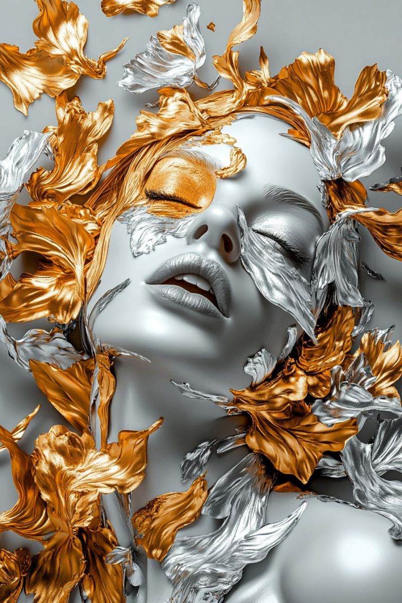 Woman beauty fashion makeup hair eye lips skin accessories jewelry glitter sparkle glamour A woman's face is painted in silver and gold, with her eyes closed and lips slightly open. Her face is surrounded by gold and silver leaves, giving the impression of a crown. The background is gray, and the leaves are scattered around her face. The woman's face is illuminated by a light source, possibly from the right side.