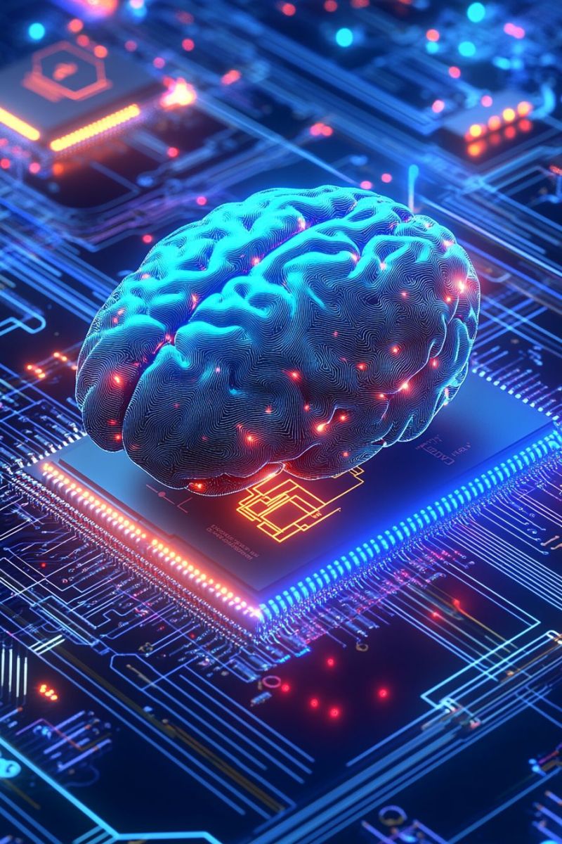 Brain circuit electronic microchip microprocessor neurons component device equipment parts product technology wire integrated neural network A digital illustration of a human brain placed on top of a circuit board. The brain is depicted in shades of blue and red, with red dots scattered across its surface, suggesting neural activity. The circuit board is a vibrant blue with intricate patterns and lines, resembling a technological interface. The background is a mix of blue and red hues, with glowing lines and shapes that add to the futuristic and technological theme.