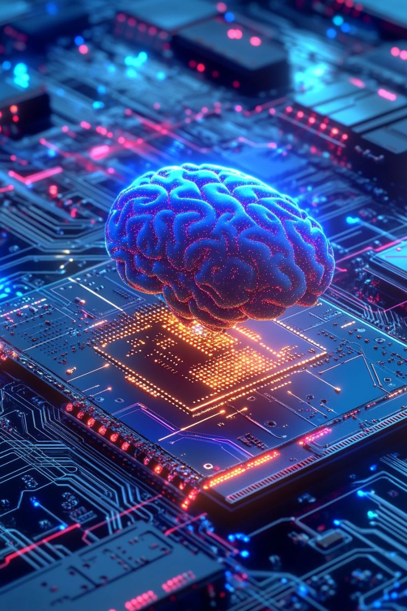 Brain circuit electronic component device equipment parts product technology wire A digital illustration of a human brain floating above a circuit board. The brain is depicted in shades of blue and purple, with a glowing effect, suggesting a high-tech or futuristic theme. The circuit board is detailed with various components, including a central processing unit (CPU) highlighted in yellow, surrounded by a network of blue and red lines that resemble neural connections. The background is a blend of blue and pink hues, adding to the technological and somewhat surreal atmosphere.