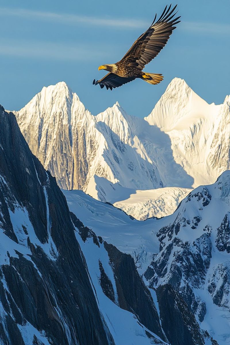 Eagle mountain sky flight bird nature wildlife outdoors snow rock ice glacier summit peak cliff valley horizon cloud A majestic eagle soars through the sky with its wings spread wide, its golden-brown feathers glistening in the sunlight. The eagle's sharp talons are extended, and its beak is open, revealing its powerful teeth. The bird is flying above a breathtaking snowy mountain range, with sharp peaks and rocky cliffs covered in snow. The sky is a clear blue, and the sun's rays illuminate the scene, casting a warm glow on the landscape. The image captures the beauty and majesty of nature, with the eagle soaring gracefully above the stunning mountain range.