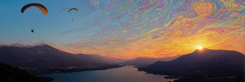 Parapente ciel montagnes lac coucher soleil nature aventure vol horizon reflexion eau parachutisme nuages collines ville Coucher de soleil à couper le souffle sur un paysage montagneux avec un lac serein. Deux parapentes planent dans le ciel, l'un plus proche au premier plan et l'autre plus loin. Le ciel est un mélange vibrant de couleurs, passant des bleus et violets profonds aux oranges et roses chauds, créant un effet de dégradé fascinant. Les montagnes sont en silhouette contre le ciel coloré, et le lac en contrebas reflète les teintes du coucher de soleil. La scène est encadrée par une ville ou un village au loin, ajoutant un sentiment d'échelle et de tranquillité à l'image.