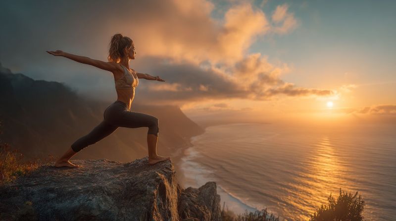 Yoga woman meditation exercise fitness wellness balance mindfulness outdoors nature sunset cliff ocean sea mountain sky clouds sunrise A woman is performing yoga on a rocky cliff overlooking the ocean. She is in a yoga pose with her arms extended outwards and her legs bent at the knees. The sun is setting in the distance, casting a warm glow on the sky and the ocean. The ocean is calm, and the waves are gently crashing against the rocks. The woman is wearing a sports bra and leggings.