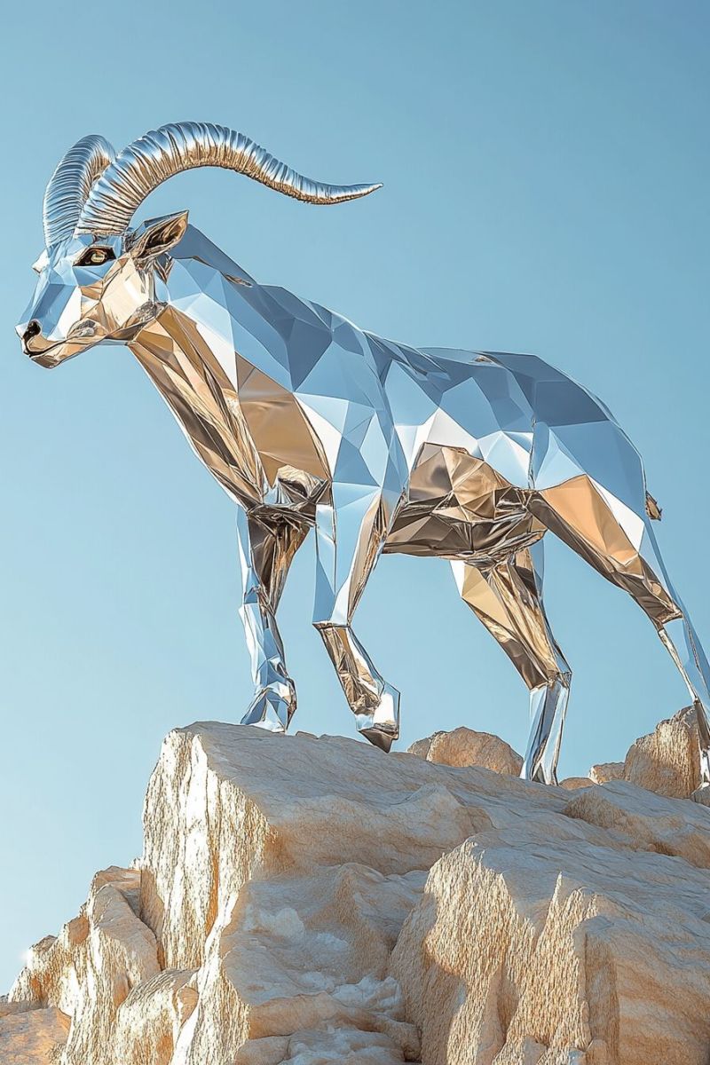 Ram metal sculpture goat chromium sculptor animal metalwork steel craftsmanship outdoor mountain rocky sandstone desert park attractive tourist spot m This is a color photograph showing a large, modern metal sculpture of a ram, with its body in silver and gold tones. The sculpture has intricate detailing, giving it an almost crystalline appearance. It stands prominently on top of what seems to be a rocky outcrop. Behind the ram, there's a clear sky, suggesting an outdoor setting possibly in a desert environment due to the sparse vegetation and barren terrain. The photo has a high resolution and the sculpture is the central focus with no other objects or people in the immediate vicinity, emphasizing its artistic and perhaps symbolic nature.