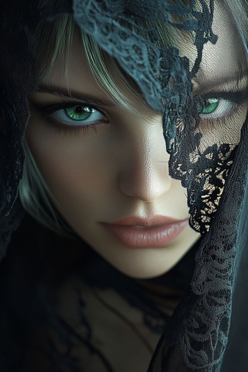 Female gothic dark fantasy aesthetic lace veil cat like eye makeup vintage retro mysterious enigmatic expression contrast lighting Female gothic dark fantasy aesthetic lace veil cat like eye makeup vintage retro mysterious enigmatic expression contrast lighting