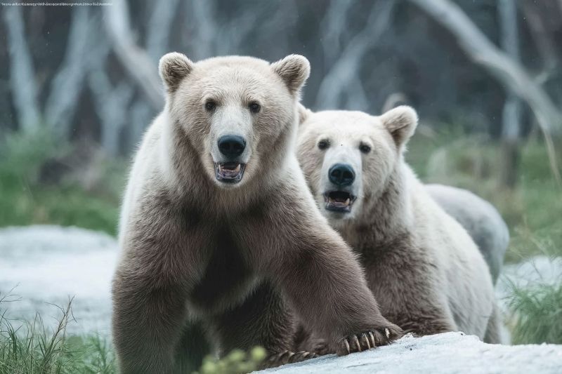 Ours faune nature animal mammifere air foret herbe roche patte griffe fourrure tete oeil oreille bouche croc neige arbre branche Deux ours se tiennent debout sur une zone herbue avec quelques rochers. L'ours de gauche a un pelage brun et se tient droit avec la bouche ouverte, montrant ses dents. L'ours de droite a un pelage blanc et se tient derrière l'ours brun, également avec la bouche ouverte. Ils regardent tous les deux dans la même direction, possiblement vers quelque chose ou quelqu'un. L'arrière-plan est flou, avec quelques arbres et une clôture.