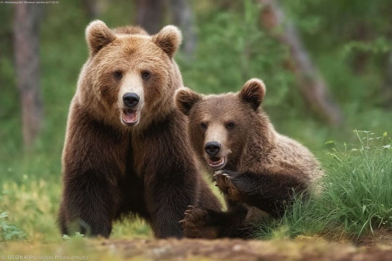 Ours ourson faune foret nature mammifere air animal mere jouer herbe brun patte sol herbace terrain droits auteur Dans une forêt luxuriante et verte, un grand ours brun se tient debout avec la gueule légèrement ouverte, montrant ses puissantes dents. À côté de lui, un plus petit ourson brun est assis sur le sol, une patte levée comme s'il voulait tendre la main. L'ourson regarde le grand ours avec une expression espiègle. L'arrière-plan est rempli de verdure dense, y compris de grands arbres et des arbustes, créant une atmosphère naturelle et sauvage. L'image capture un moment d'interaction entre les deux ours, mettant en évidence leur lien étroit et la beauté de leur habitat naturel.