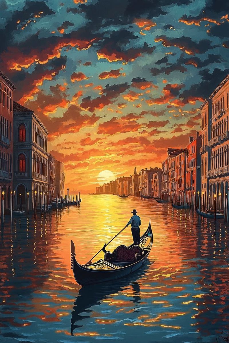 Gondola river venice sunset floating italian cityscape evening boat ride tourist building old world charm serene canal captivating digital painting that captures a serene evening scene in a Venetian city. A man in a traditional Venetian gondola, rowing through the picturesque waterways of the city. The canal reflects the vibrant colors of the sunset, casting a warm glow on the buildings and streets. The buildings, with their colorful facades, line the canal, enhancing the romantic atmosphere. Above, the sky is adorned with hues of orange and pink, indicative of the setting sun. The overall mood of the painting is calm and tranquil, with the warm colors contrasting beautifully with the cooler tones of the water and buildings. The artist has skillfully used light and shadow to create a sense of depth and perspective in the painting.