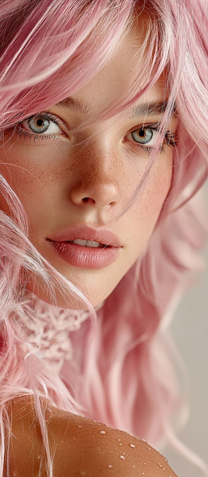 Beaute maquillage peau yeux perruques vendre hommes femmes capillaires coiffures pieces Une femme aux cheveux roses pose pour une photo. Elle a la bouche légèrement ouverte et les yeux légèrement fermés. Elle a un grain de beauté sur sa joue droite. Ses cheveux sont coiffés de manière à donner l'impression qu'ils sont soufflés par le vent. Elle porte un tissu blanc semblable à de la dentelle autour de son cou. L'arrière-plan est flou.
