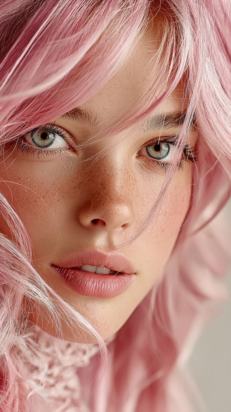Woman pink eye beauty makeup fashion skin eyelash lip eyebrow freckles natural A close-up portrait of a woman with vibrant pink hair styled in loose waves. Her hair has a glossy sheen and is slightly messy, framing her face. She has light brown freckles across her nose and cheeks, adding a natural touch to her appearance. Her eyes are a striking shade of blue with long, dark lashes. She has a slight smile, revealing her teeth, and her lips are painted in a soft pink shade. The background is blurred, focusing attention on her face and hair.