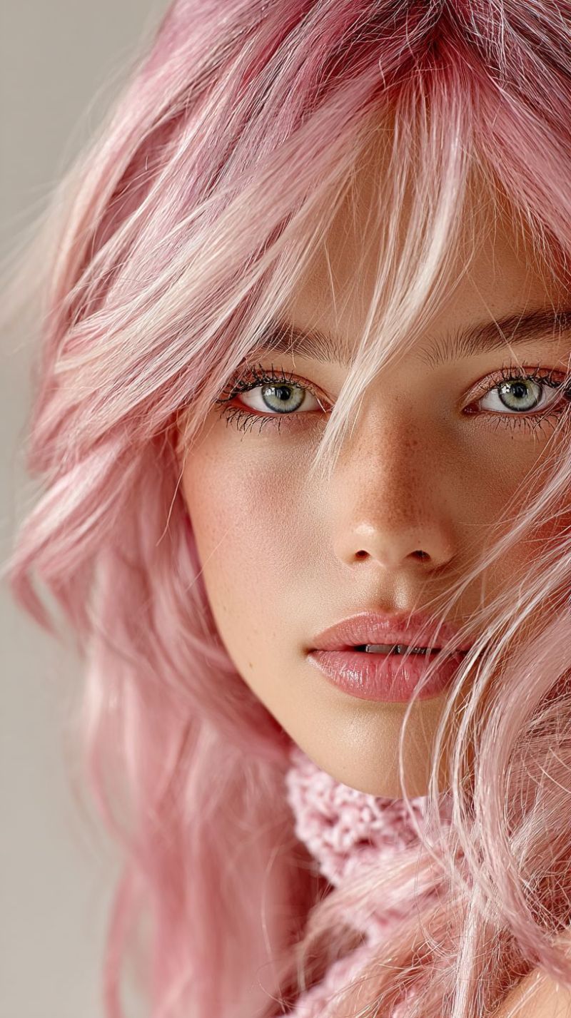 Woman hairstyle fashion beauty makeup eyelashes eyebrows lips skin freckles pink texture length accessories care products A close-up portrait of a woman with vibrant pink hair styled in loose waves. Her hair is voluminous and falls gracefully around her face. She has striking green eyes with long, dark lashes, and her lips are painted in a soft pink shade. Her skin has a natural, sun-kissed glow with a few freckles scattered across her cheeks. She is wearing a pink knitted scarf around her neck, adding a cozy touch to the overall look. The background is blurred, focusing attention on her face and hair.