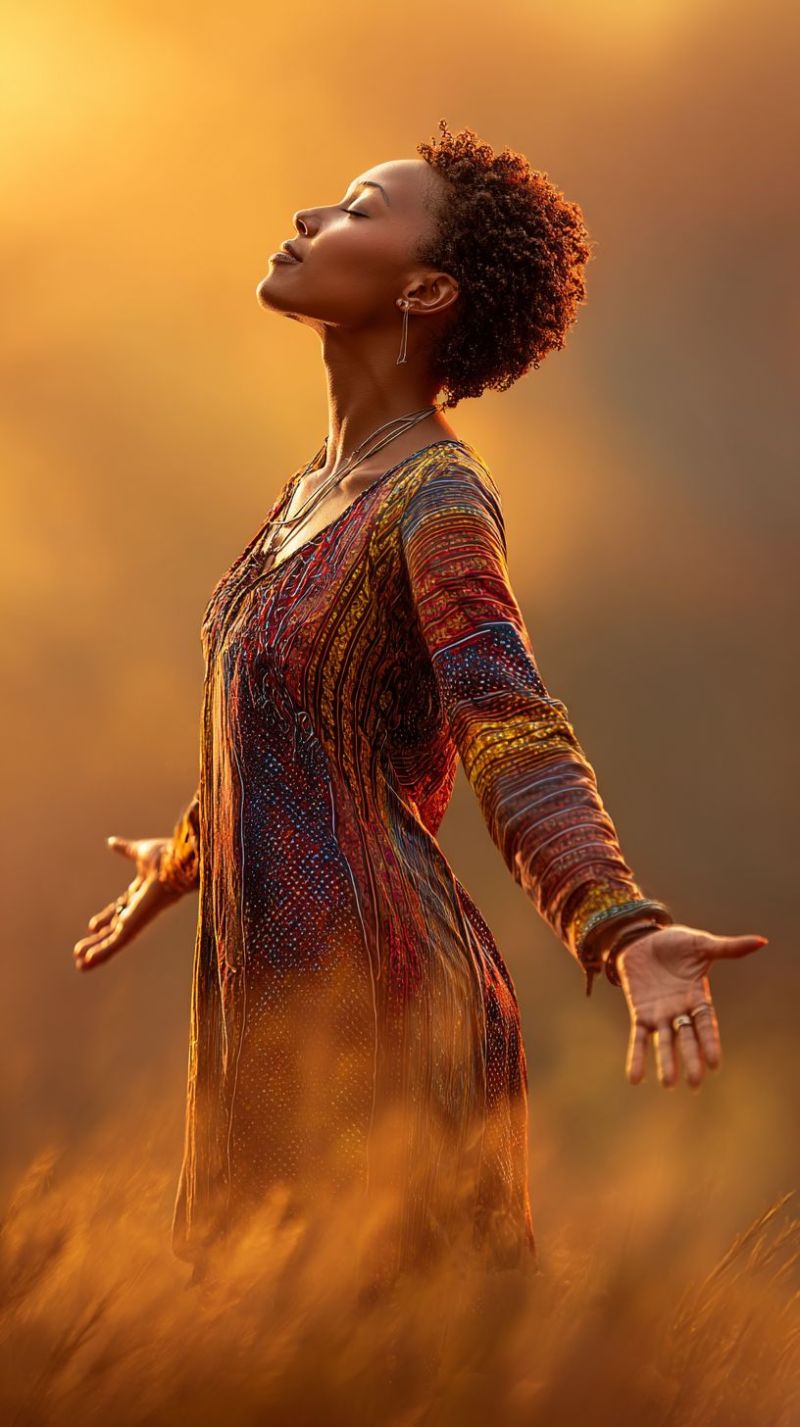 Femme champ herbe soleil coucher nature air beaute liberte meditation spiritualite adoration foi inspiration espoir positivite autonomisation celebrat Une femme aux cheveux bouclés se tient dans un champ d'herbe haute et dorée. Elle porte une robe colorée et à motifs avec de longues manches et un décolleté en V. Ses bras sont étendus et elle regarde vers le haut, peut-être dans un moment de prière ou de méditation. Le soleil brille fort derrière elle, projetant une lumière chaude et dorée qui met en valeur sa silhouette et la texture de l'herbe. Elle a une expression sereine et ses cheveux sont coiffés de manière à encadrer son visage.