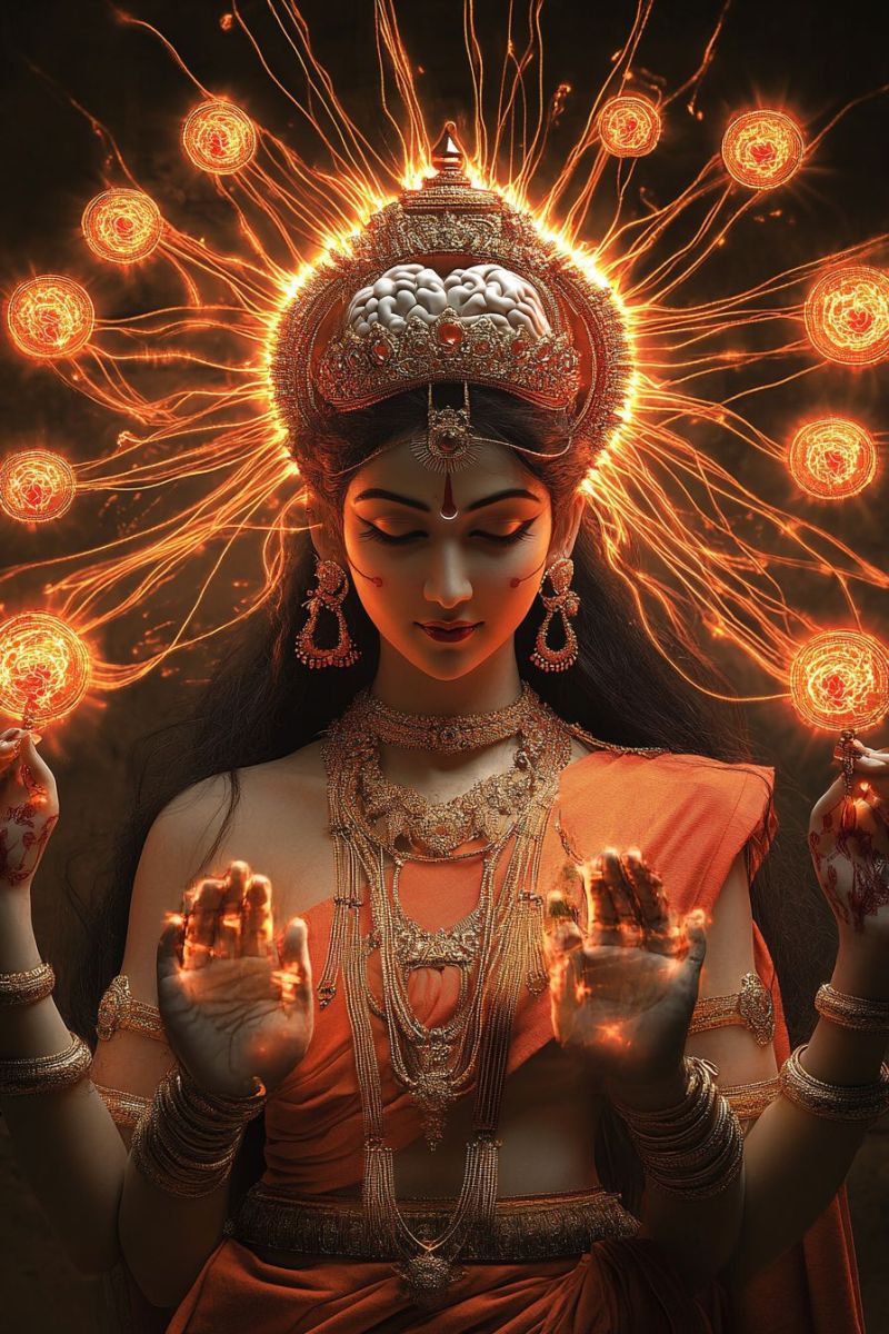 Hinduism deity goddess divine spirituality ritual ceremony worship ceremonial A woman with long, flowing hair is depicted in a vibrant orange dress adorned with intricate gold jewelry. She wears a headdress that resembles a crown, featuring a glowing brain-like design at its center, surrounded by fiery, radiating lines. Her hands are raised, each holding a glowing orb, and her face is painted with red and white markings. She has a serene expression, with her eyes closed, and her hands are illuminated with a fiery glow. The background is dark, with a fiery aura emanating from her head and hands.