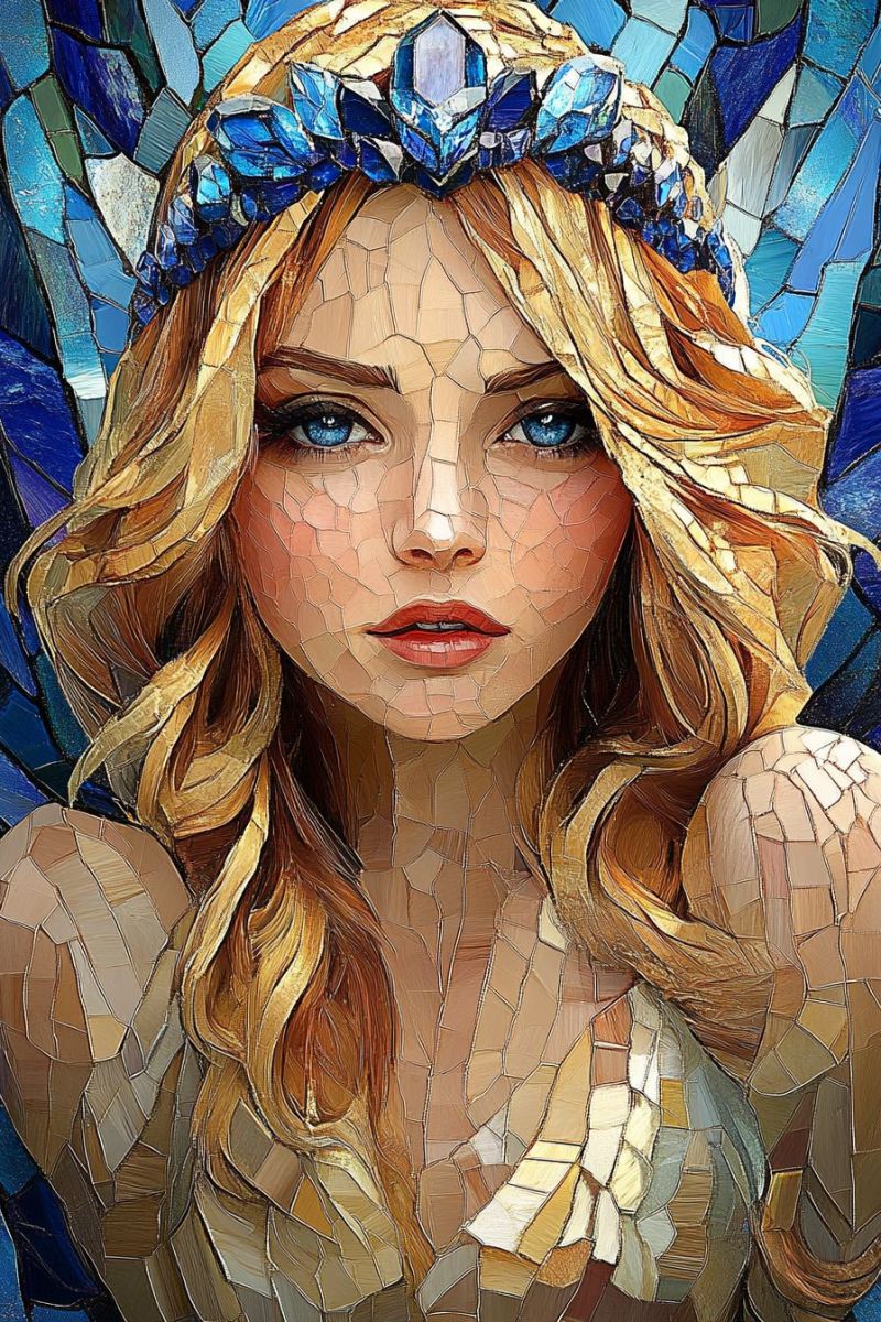 Stained glass female beauty mosaic craft jewelry inspiration fantasy whimsy colorful intricate patterns designs blue tones tiles fashionable woman with fair skin. She has wavy blonde hair that cascades down, and it appears to be styled in loose waves. Her gaze is directed straight at the viewer, giving a sense of engagement. The woman's facial expression is neutral with a hint of a gentle smile. Her lips are parted slightly, suggesting she might be speaking or singing. Her eyes are looking forward without any apparent emotion etched on her face. She has a small nose and full lips, which contribute to her overall youthful appearance. The woman's attire is not fully visible, but it seems to be a garment with some sort of detailing that could suggest a fantasy or mythological theme. The material appears soft and luxurious, possibly satin or silk. Her makeup is done subtly, enhancing her features without overpowering them. Her eyebrows are well-groomed and arched slightly, contributing to her overall poised appearance. The background of the image is a stained glass window. The window appears to be intricately designed with a mosaic of various colors that create an effect similar to shattered glass pieces coming together to form a cohesive whole. The blue at the bottom of the image gives a contrasting base for the colorful pieces above. The style of the image is realistic, and the woman depicted in the artwork has been created with a high level of detail, particularly in her facial features and hair.