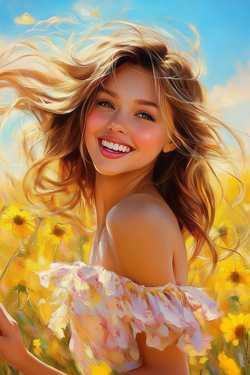 Woman beauty hair smile sunflower field nature blonde summer joy relaxed pastel soft clear sky outdoor warm happiness youthful casual daylight daytime young woman with long, wavy blonde hair. She is wearing off-the-shoulder, ruffled, light pink top with yellow floral details at the shoulders. Her facial expression is one of slight joy and she's looking directly at the viewer. In the background, there are sunflowers, suggesting a rural or countryside setting under a clear sky. The overall style of the image has a realistic yet enhanced aesthetic typical of digital artwork.