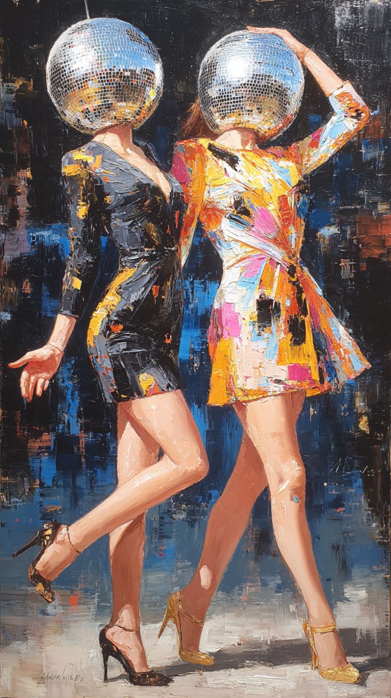 Painting fashion night woman dress shoe heel leg hand hairstyles disco ball cut The painting depicts two women walking together, each wearing a large disco ball on their head. The woman on the left is dressed in a black dress with yellow accents, while the woman on the right wears a colorful dress with yellow, orange, and pink hues. Both women are wearing high heels and appear to be in motion, suggesting a lively and festive atmosphere. The background is a mix of dark and light blues, with hints of red and yellow, creating a vibrant and dynamic setting. The painting is done in a modern, abstract style, with bold brushstrokes and a focus on color and movement.