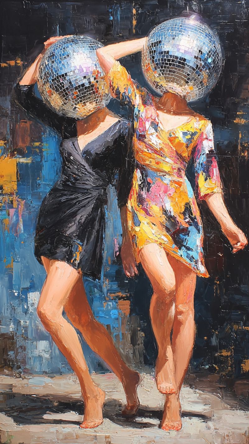 Nuit femme vie nocturne fete disco bal La peinture représente deux femmes dansant dans un cadre urbain animé. Les deux femmes sont pieds nus et portent des robes. La femme de gauche est vêtue d'une robe noire avec un décolleté en V profond, tandis que la femme de droite porte une robe colorée à motifs avec un design ample et fluide. Chaque femme tient une grande boule disco devant son visage, obscurcissant ses traits. Les boules disco sont réfléchissantes et multicolores, captant la lumière et créant un effet étincelant. L'arrière-plan est un flou de bleu et de jaune, suggérant une scène nocturne avec des lumières de la ville. La peinture est réalisée dans un style moderne et abstrait avec des coups de pinceau audacieux et expressifs.