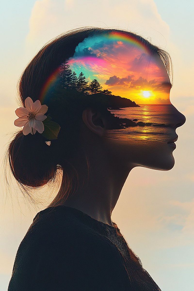 Female profile flower hair sunset rainbow surreal imagery mindful thinking mental wellbeing rendering peaceful scenery A digital artwork or collage image features a person's profile with a colorful, psychedelic effect. The face is partially obscured by a digital glitch texture, with a rainbow spectrum extending across the head and neck from one side to the other. The background behind the face shows a serene sunset scene, featuring a silhouette of mountains, trees, and a body of water. On the right, there's a partial image of what appears to be a person looking out towards the sunset, with their back turned to the viewer. Overlaid on this figure is a colorful rainbow pattern. The overall aesthetic is that of a digital or art-based manipulation, blending real-life photography with surreal colors and effects.